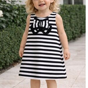 Janie and Jack Toddler Girls Black White Striped Bow A-Line Dress 18-24 Months